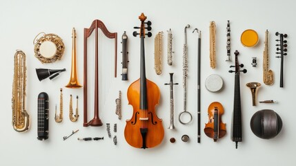 Naklejka premium A diverse set of musical instruments forming a symphony, Illustrating the harmony and unity achieved through diversity, minimalist composition