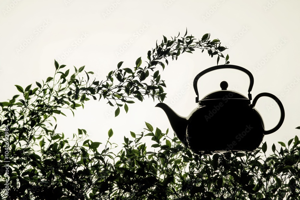 Poster the silhouette of a teapot transitions elegantly into abstract tea leaves, creating a harmonious ble