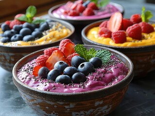 Colorful smoothie bowls, vibrant colors, fresh ingredients, closeup, inviting