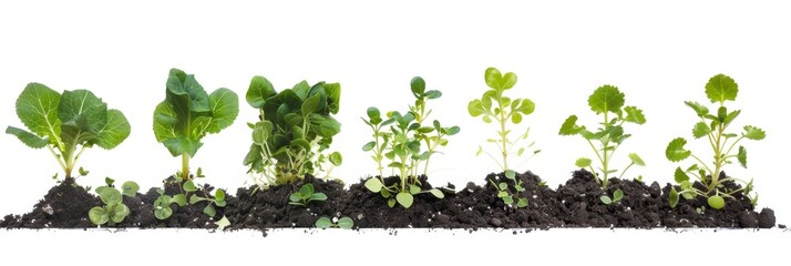 Young sprouts isolated, new plant side view, young green seedling in black earth pile closeup isolated