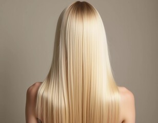 Smooth, straight blond hair flows elegantly down back, highlighting its healthy shine and uniform color, illuminated by soft lighting, creating striking look. Hair care, the effect of cosmetics. AI