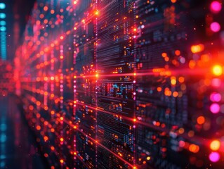 Obraz premium Cybersecurity firewall, vibrant colors, digital screens, tech setting, modern