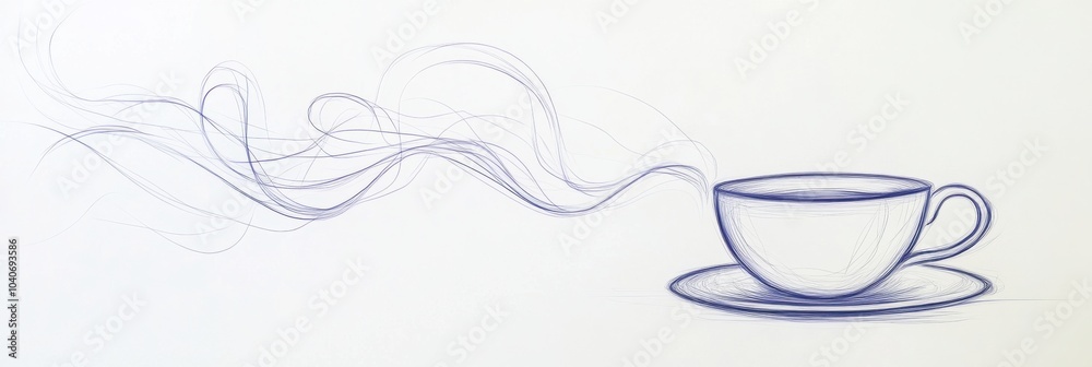 Poster a tea cup is illustrated with a smooth continuous line, accompanied by soft steam lines that suggest