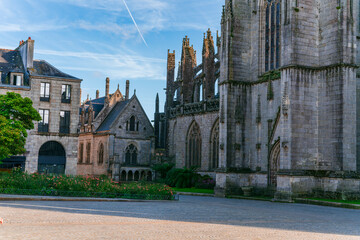 View of the facade of the beautiful Saint Corentin Cathedral in Quimper. Photography taken in Quimper, French Brittany, France.