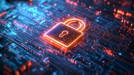 Fototapeta premium Padlock icon on a digital circuit background symbolizes data security and encryption in the modern tech landscape.