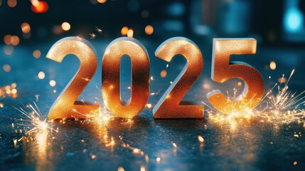 Sparkling numbers 2025 with fireworks and glitter on a dark background,