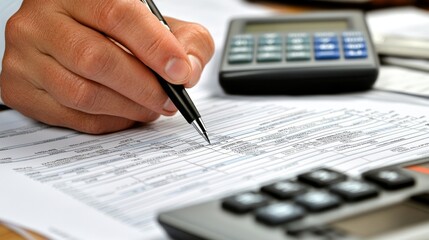 A hand holding a pen is filling out a form with a calculator nearby