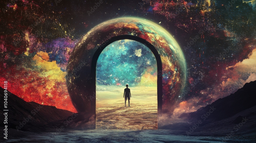 Poster an imaginative visual of a person peering through a keyhole into a world of possibilities, with vibr