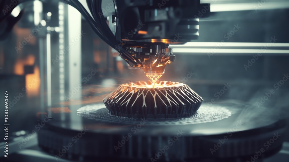 Poster An immersive view of a high-resolution 3D printer in action creating a complex design, Innovation scene, Technical style