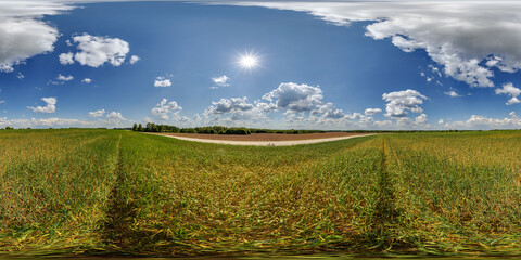 spherical 360 hdri panorama among green farming field with clouds on blue sky in equirectangular seamless projection, use as sky dome replacement, game development as skybox or VR content