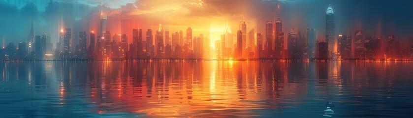 Fototapeta premium Futuristic cityscape, vibrant colors, digital graphics, wide shot, modern