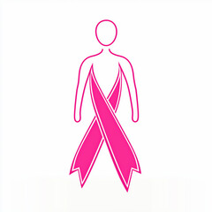 Minimalist, Single-Line Pink Ribbon Representing Cancer Awareness, With A Simple, Stylized Gender-Neutral Human Figure. Ideal For Vectors Illustrations