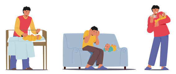 Father Character Demonstrates Loving Care For Newborn Through Changing Diapers, Soothing On Couch And Cradling