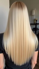 Naklejka premium Smooth, straight blond hair flows elegantly down back, highlighting its healthy shine and uniform color, illuminated by soft lighting, creating striking look. Hair care, the effect of cosmetics. AI