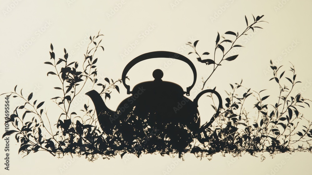 Poster A striking black silhouette of a teapot seamlessly transforms into tea leaves, creating an intricate and abstract design that captivates viewers. Generative AI