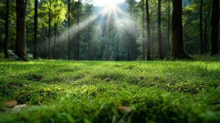 Fototapeta premium A serene forest glade bathed in sunlight, surrounded by towering trees and vibrant green grass, symbolizing nature's tranquility and the essence of peace and renewal.