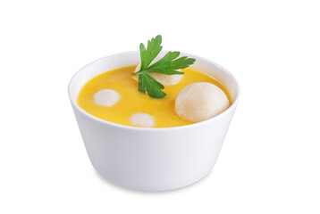 Pumpkin porridge, Hobakjuk in a bowl with rice balls on a white isolated background