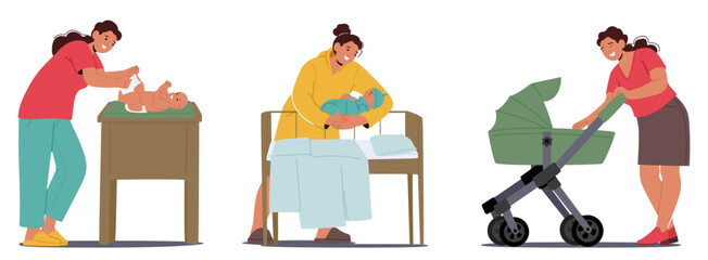 Caring Mother Character Engages In Various Activities To Ensure Her Newborn Comfort, Highlighting Love, Affection