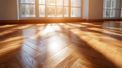 Obraz premium A spacious room featuring a sunlit parquet floor, where soft light floods through large windows, highlighting the intricate wood patterns and inviting warmth inside.