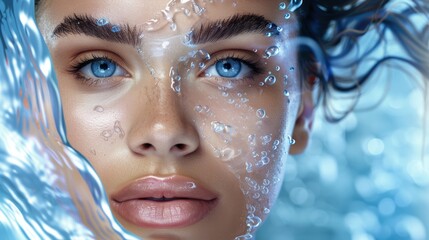 Close-up of woman's face with water droplets. Beauty and skincare concept.