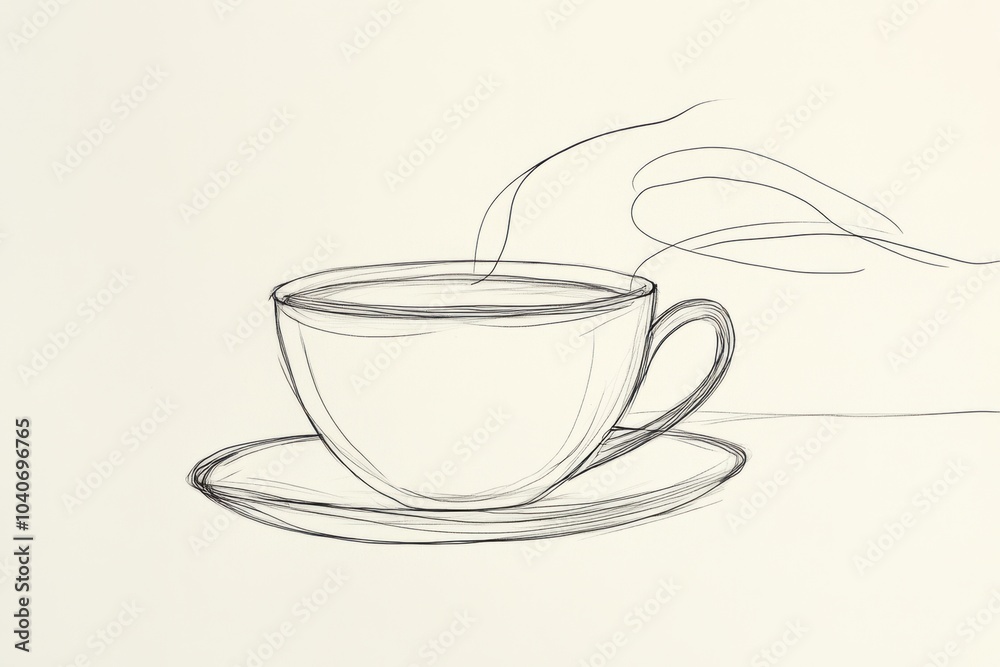 Poster A continuous line forms a tea cup with gentle steam above it, capturing a tranquil moment and inviting feelings of relaxation. Generative AI