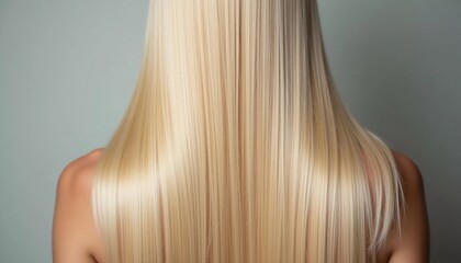 Naklejka premium Smooth, straight blond hair flows elegantly down back, highlighting its healthy shine and uniform color, illuminated by soft lighting, creating striking look. Hair care, the effect of cosmetics. AI