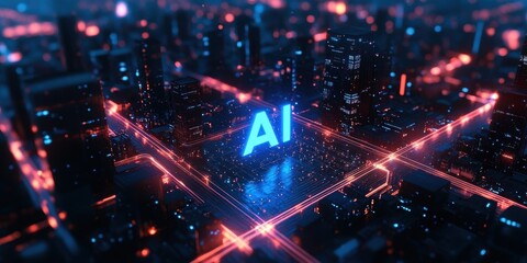 Fototapeta premium AI technology concept with illuminated AI sign in a futuristic cityscape.