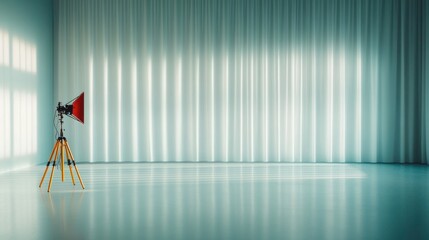 A large, open studio featuring soft curtains and a spotlight on a tripod, providing a serene and professional backdrop ideal for photography and creative projects.