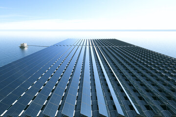 Innovative Floating Solar Panels on Calm Water Horizon Under Bright Clear Sky