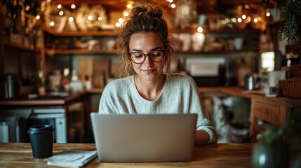 A woman with glasses works on a laptop in a warmly lit cafe, surrounded by wooden decor and a cup of coffee, embodying a cozy and productive atmosphere.