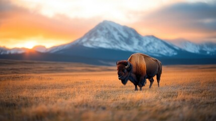 A lone bison walks across a golden field as the sun sets, casting a warm glow on the landscape with a picturesque snow-capped mountain in the distance.