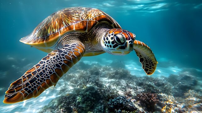 A majestic sea turtle gracefully swims over a vibrant coral reef in crystal clear waters, showcasing its intricate shell patterns and elegant movement.