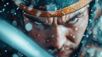 A warrior's battle-ready face is captured amidst a swirling snowstorm, showcasing determination and resilience. His intense eyes are focused on the unseen target.