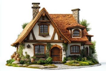 Charming cottage with rustic architecture, surrounded by greenery, white isolate background
