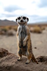 Alert meerkat standing upright, surveying its surroundings in a desert landscape under a cloudy sky.