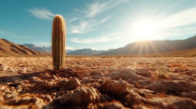 A solitary cactus stands resilient in the arid desert, bathed in brilliant sunlight. Surrounding landscape features mountains under a clear, blue sky.