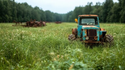 A dilapidated blue tractor with rust covering its surface, sitting abandoned in a field of green grass and wildflowers, illustrating themes of neglect and abandonment.