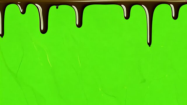 3D animation liquid chocolate dripping green screen transparent background melting streams forming artistic streaks chroma key alpha channel effects stunning detail blot sugared almond brown