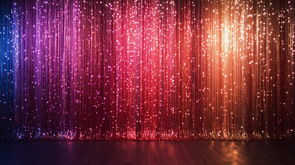 A colorful curtain with lights hanging from it .Curtain, sequined drape.