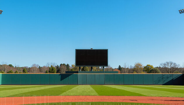 Empty baseball field with scoreboard against blue sky