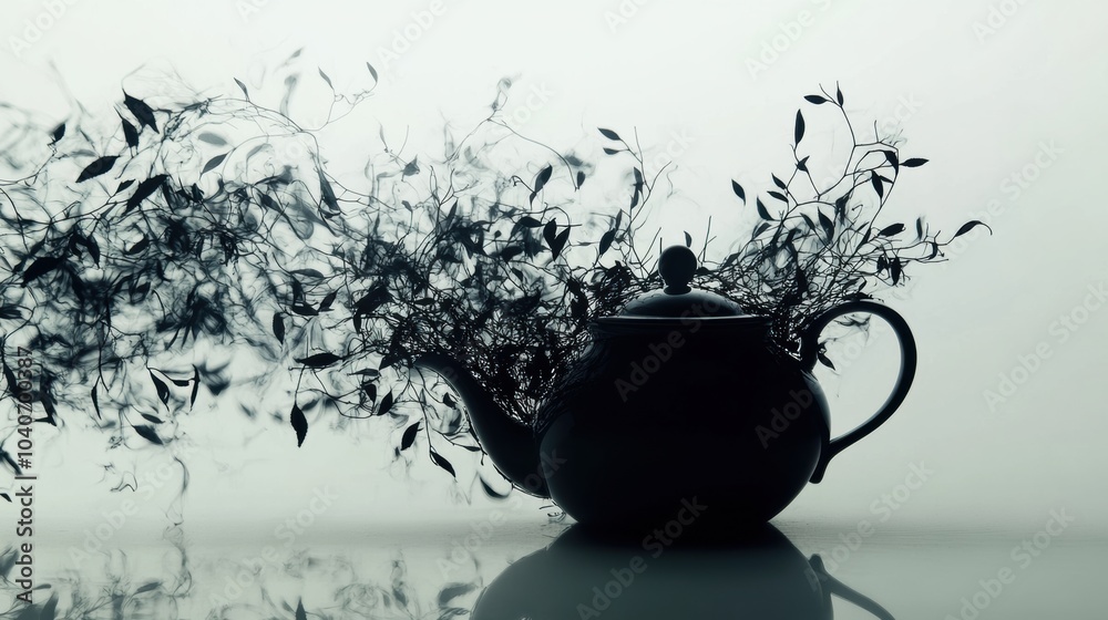 Poster a teapot elegantly transitions into swirling tea leaves, capturing the essence of nature and beverag