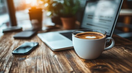 A cozy workspace setup featuring a laptop, a steaming cup of coffee, and a smartphone on a wooden desk, encapsulating productivity and comfort.
