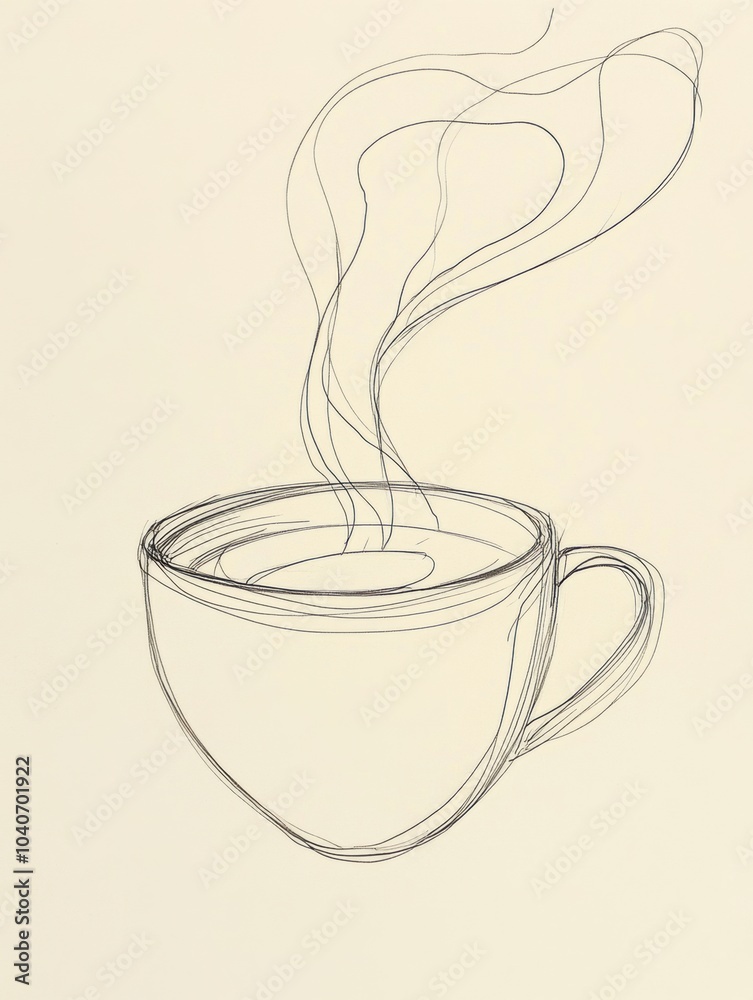 Poster This artwork features a simple line drawing of a tea cup, complete with soft steam curling upwards, creating a calming atmosphere. Generative AI