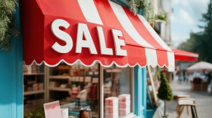 Red and white striped sale sign on a store awning in a street setting.