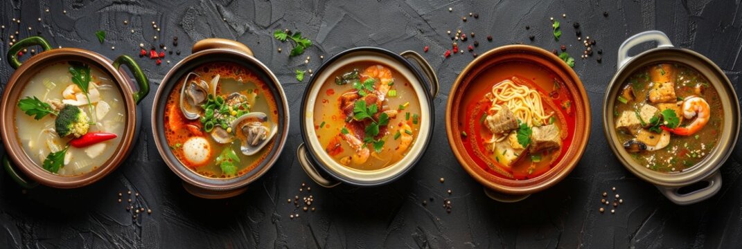 Asian Soups Set with Kespe Soup, Kullama or Beshbarmak, Fish Soup Bouillabaisse