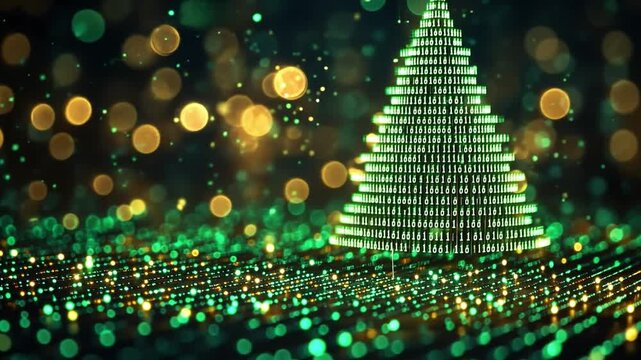A digital Christmas tree glowing with binary code patterns against a blurred golden background