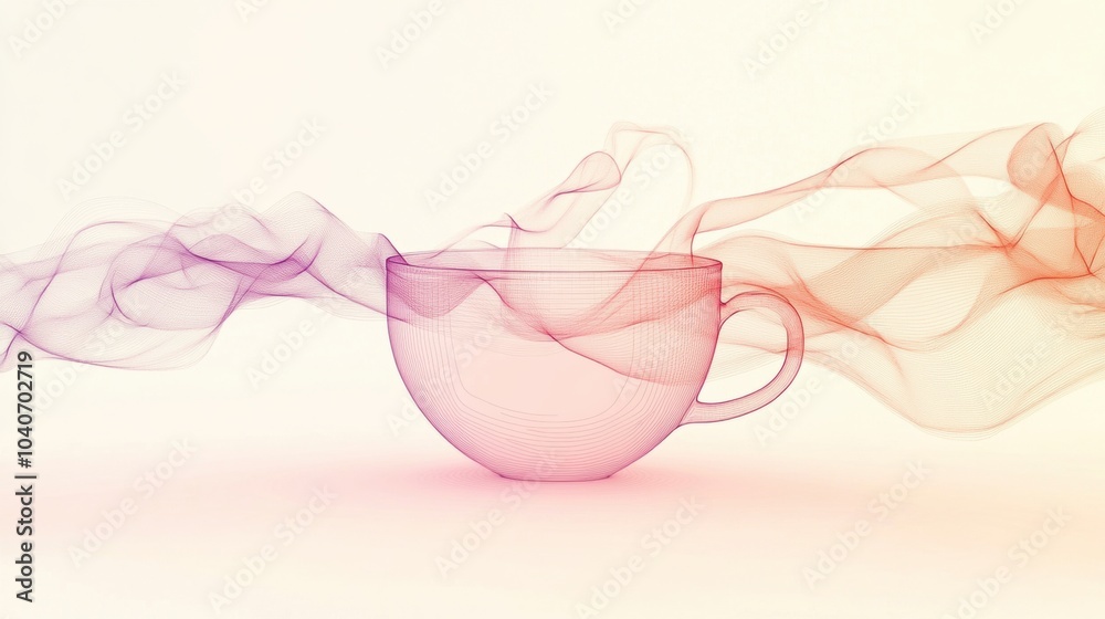 Poster a continuous line art piece showcases a tea cup with gentle steam swirling above, evoking a tranquil
