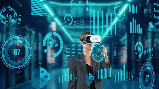 Woman searching dynamic data using hand sliding graph analysis by VR of future global innovation interface digital infographic network technology virtual hologram animation at server. Contraption.