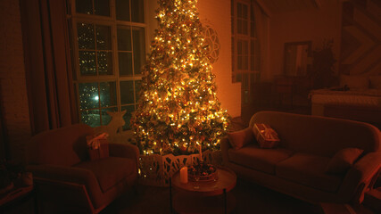 Brightly lit christmas tree is creating a warm and inviting atmosphere in a cozy living room, while outside the window, the city lights twinkle in the night