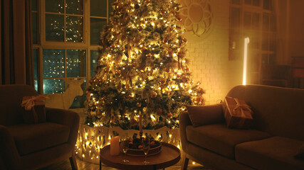 Cozy living room at night with a beautifully decorated christmas tree casting a warm glow, filled with holiday magic and wrapped gifts